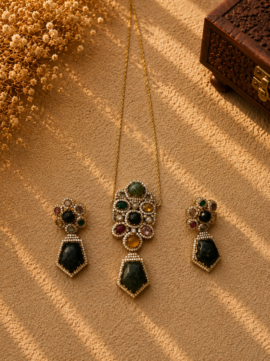 Black Stone work long necklace set