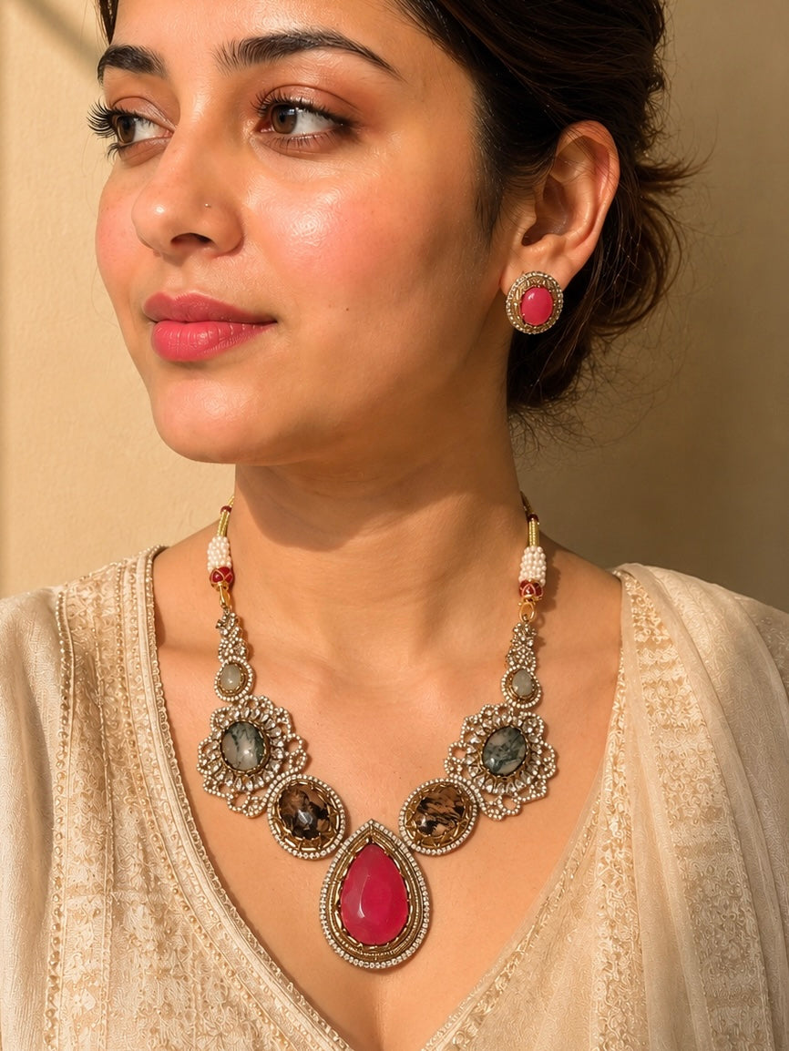 Beautiful Multi Stone work long necklace set