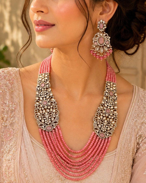 Deep pink long multilayered Necklace Set