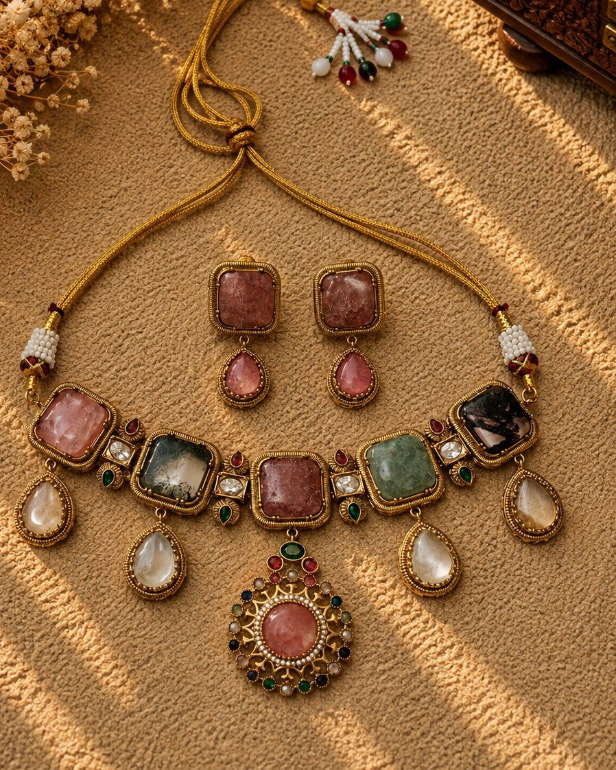 Multicolor Stone work long necklace set