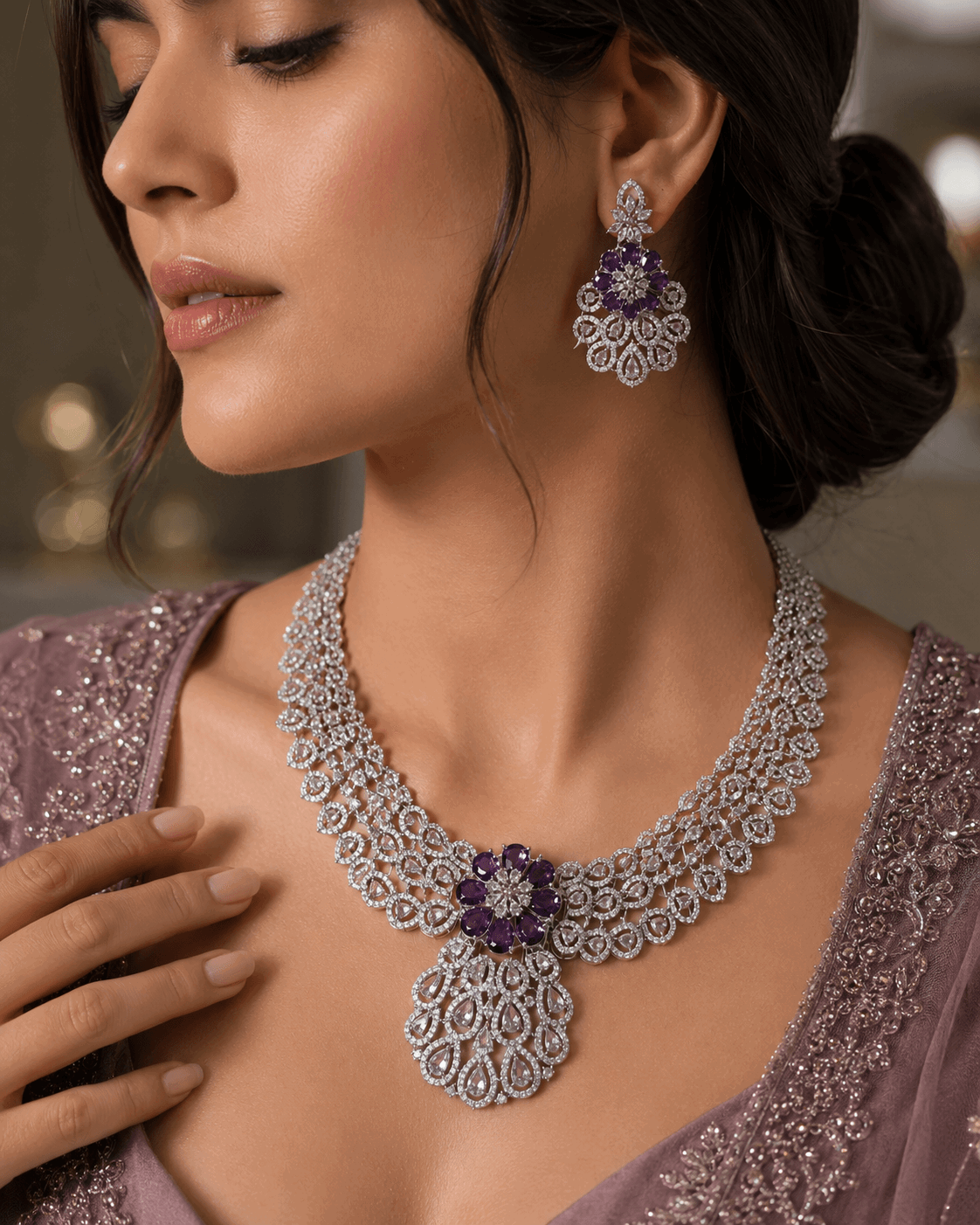 Purple American diamond Necklace Set