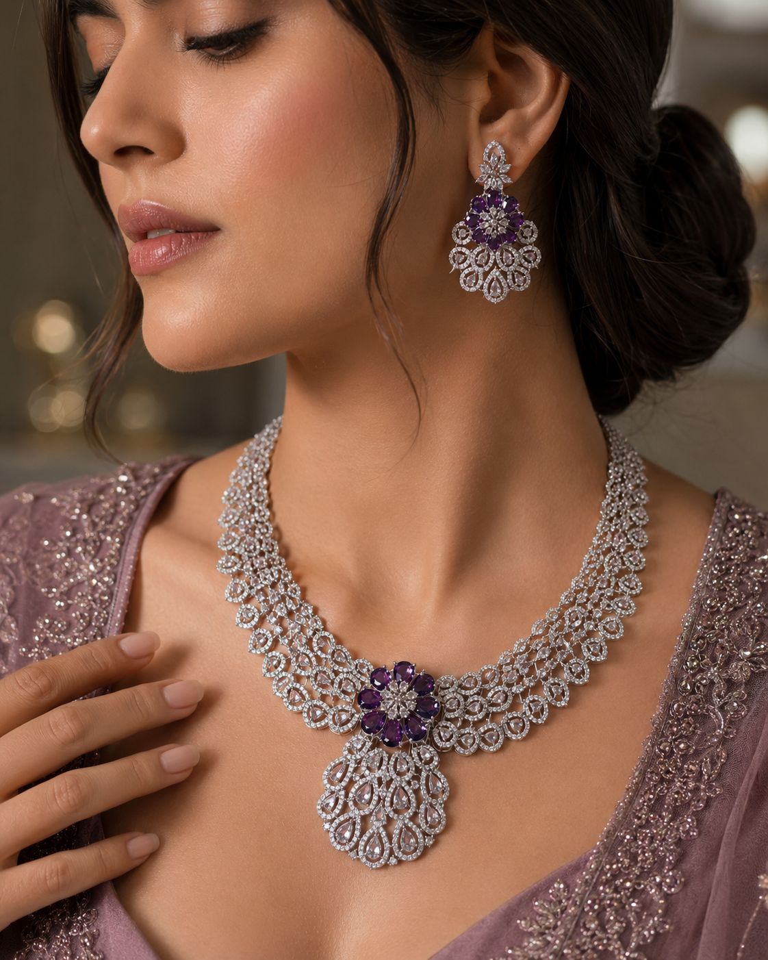 Stunning Pink & Purple Stones Antique Necklace Set