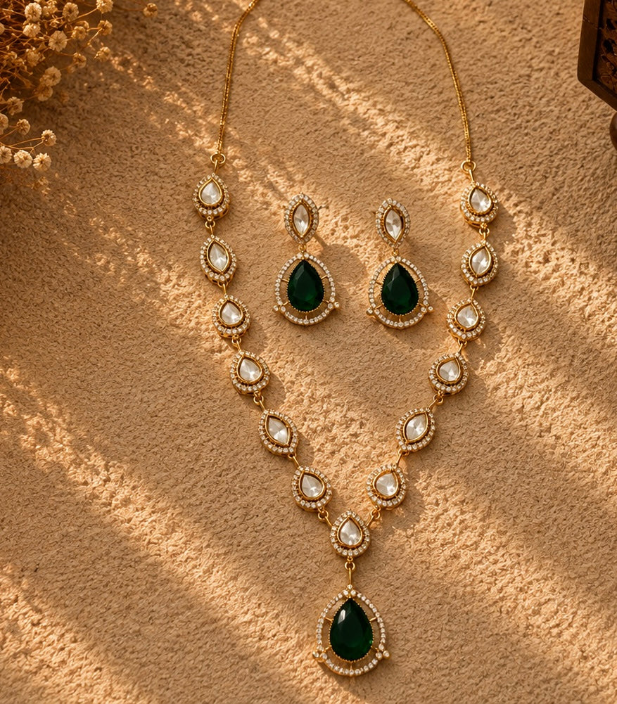 Beautiful Green Stone work long necklace set