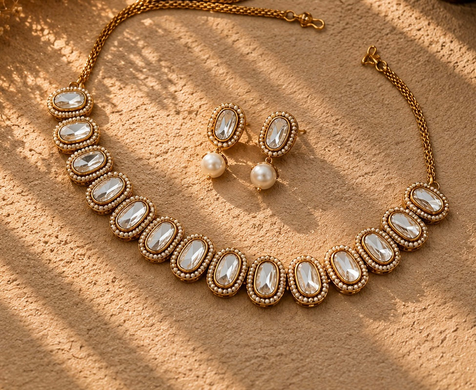 Beautiful Multi white Color Stones work long necklace set
