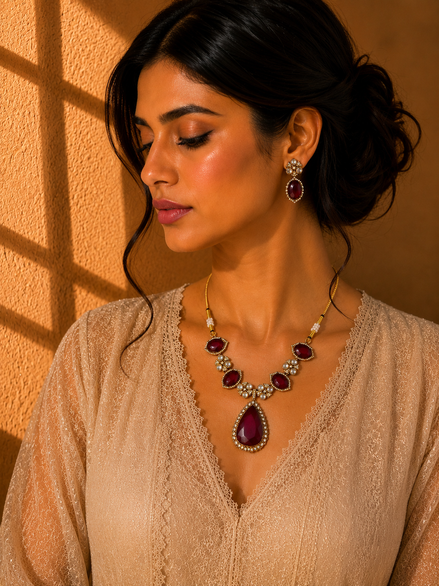 Beautiful Red Color Stones work long necklace set