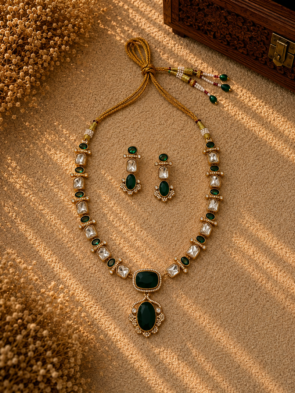 Beautiful green Stones work long necklace set