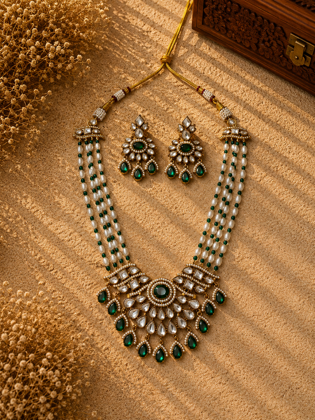 Beautiful Green Stone work long necklace set