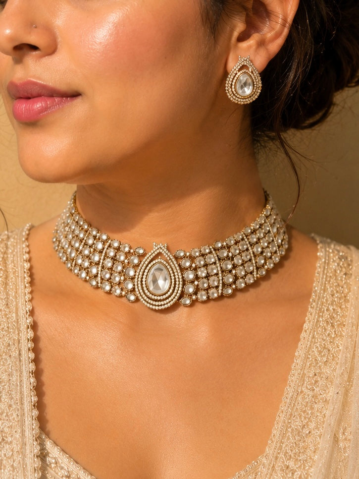 Beautiful Multi white Color Stones work long necklace set