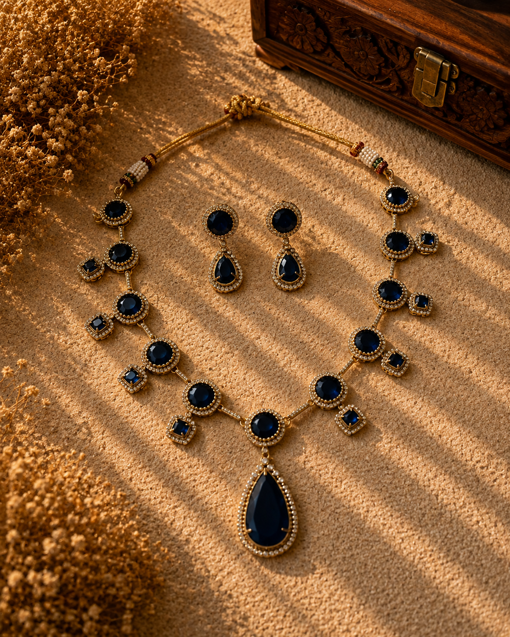 Beautiful Multi Blue Color Stones work long necklace set