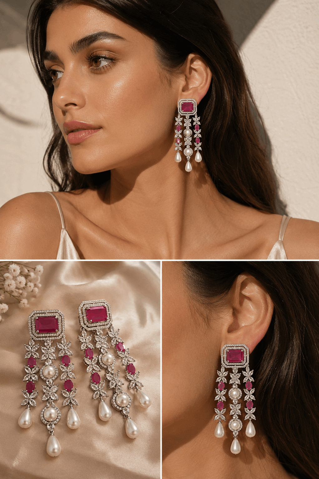 Ruby American diamonds and pearls earrings