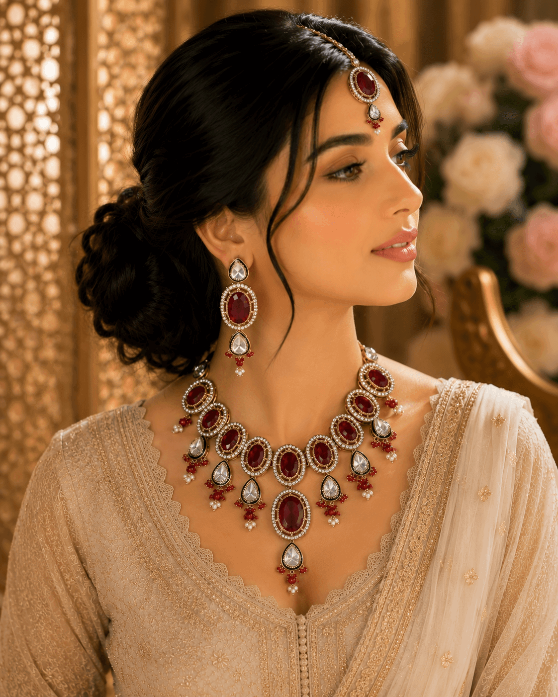 Kundan deep red Stone Necklace Set