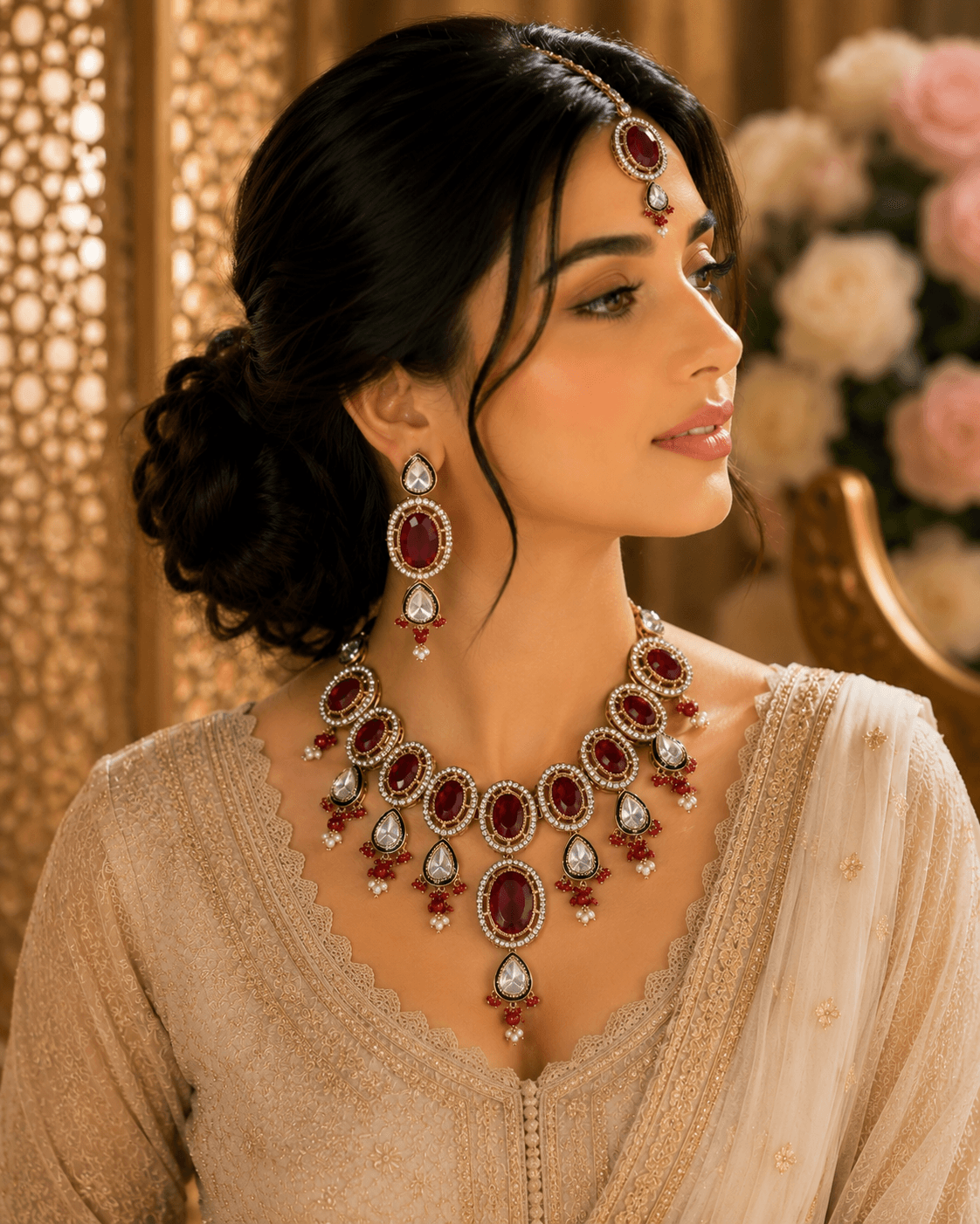 Kundan deep red Stone Necklace Set
