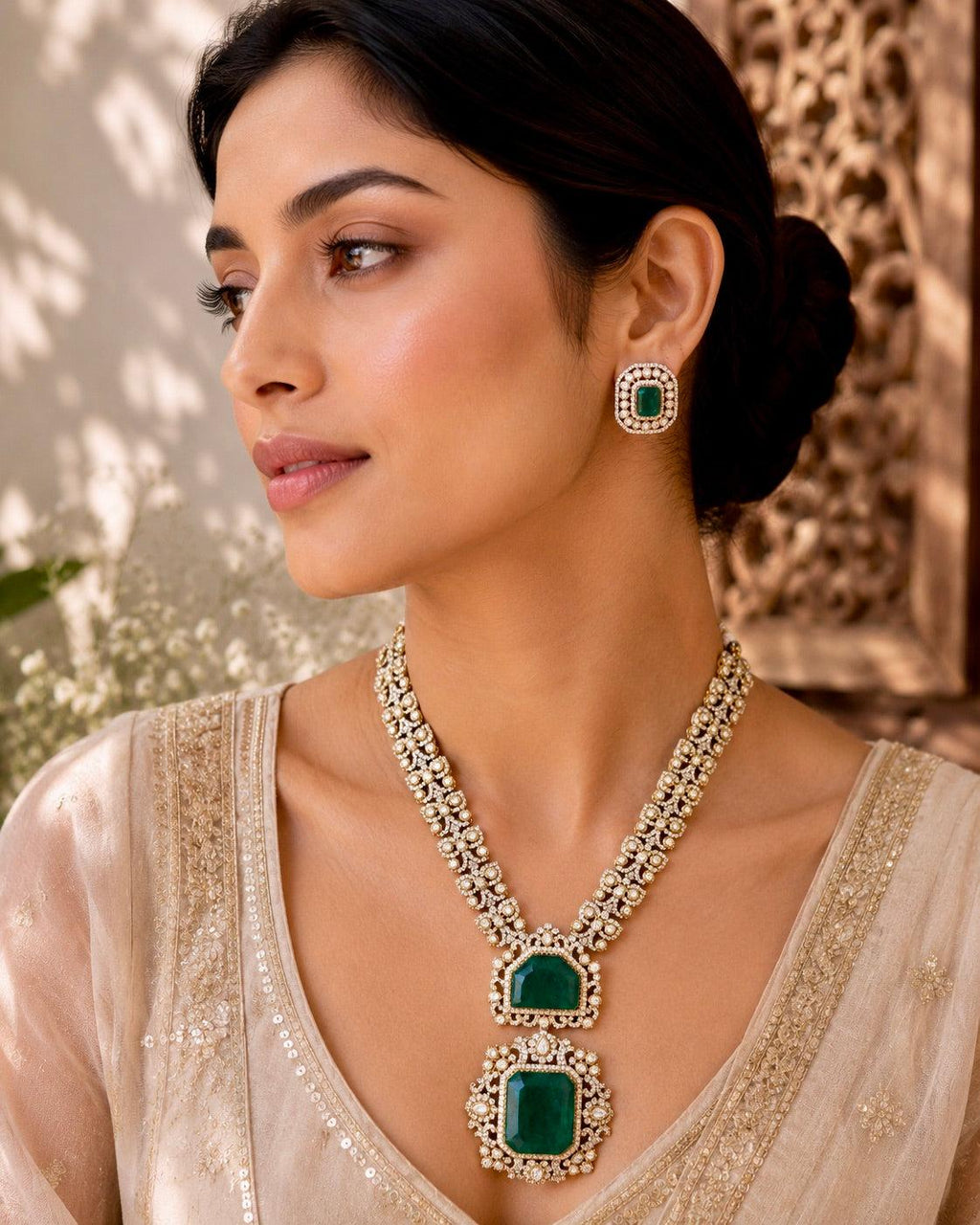 emerald green long necklace set.