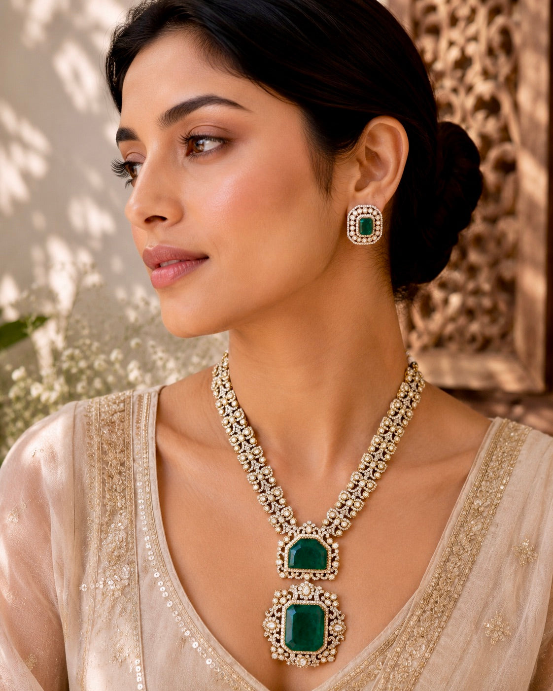 Green stone long Necklace Set