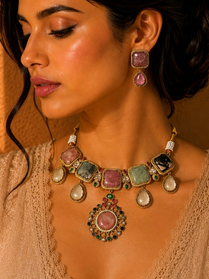 Multicolor Stone work long necklace set