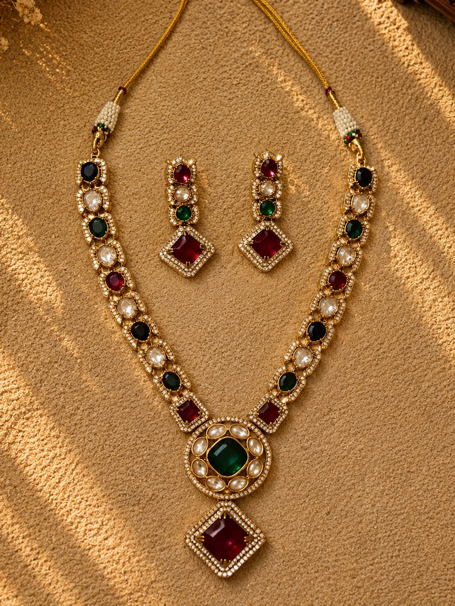 Beautiful Multi Color Stones work long necklace set