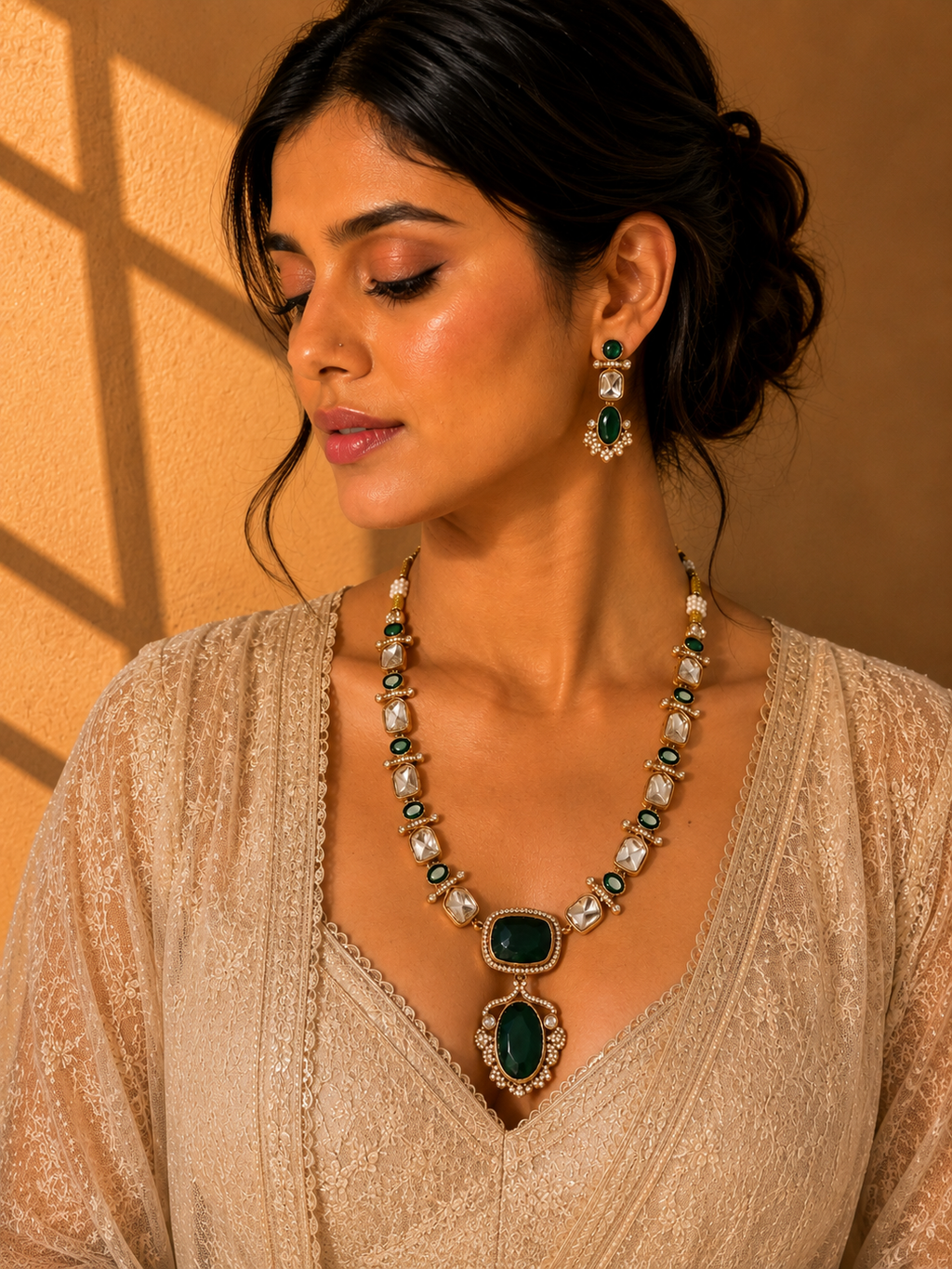 Beautiful green Stones work long necklace set