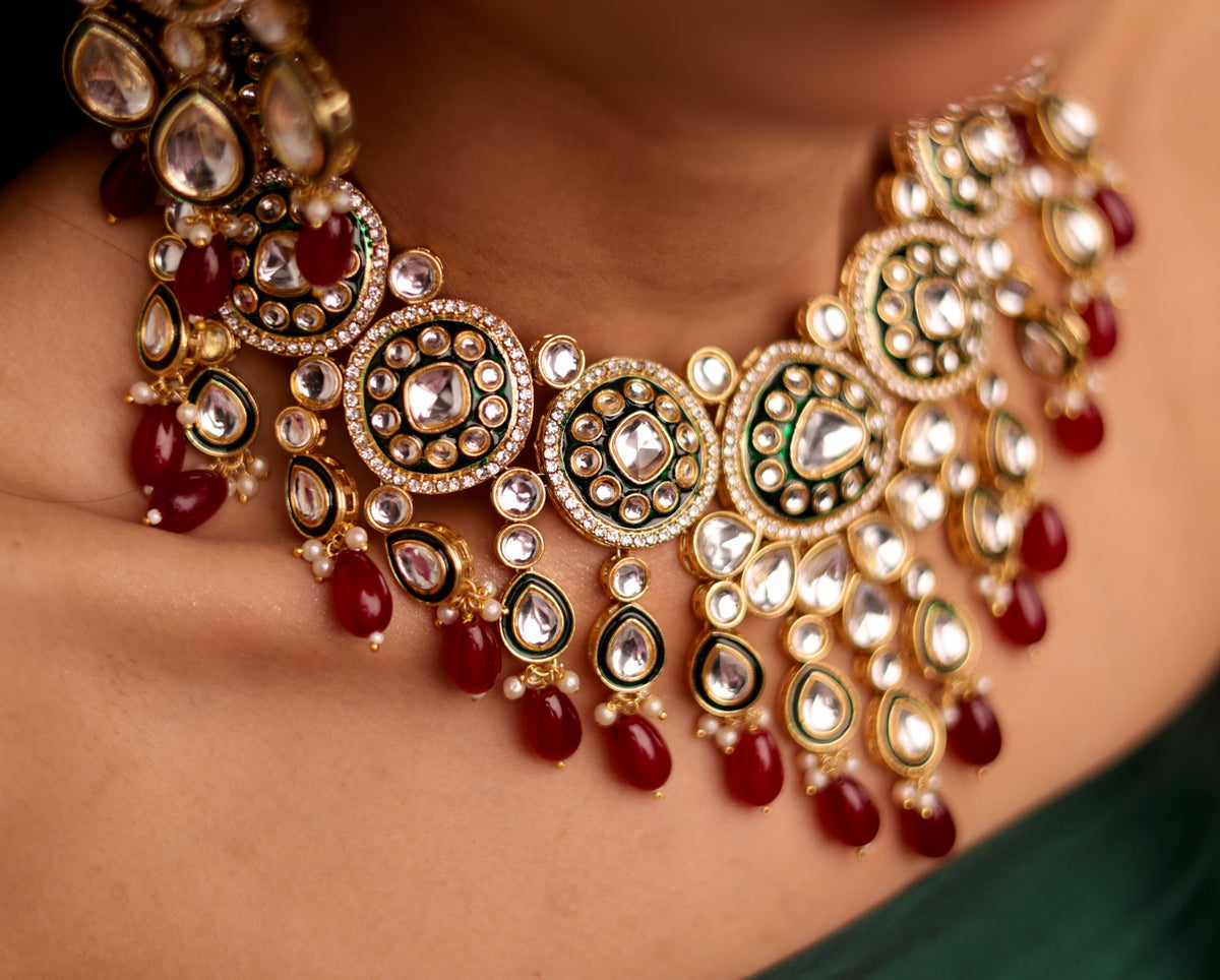 Classic Maroon and Green Kundan set