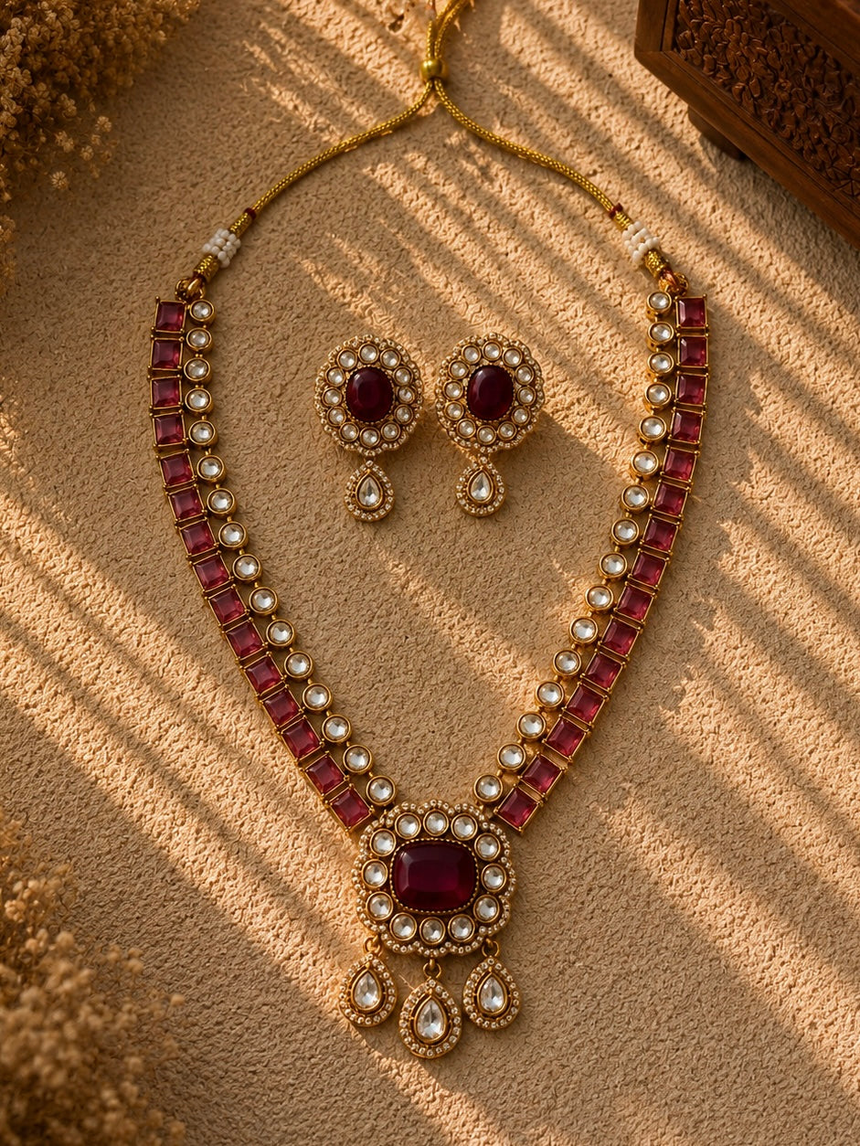 Beautiful Multi Red Color Stones work long necklace set