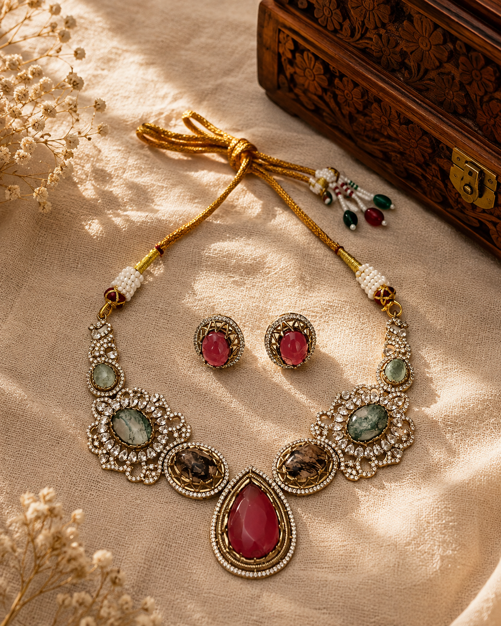 Beautiful Multi Stone work long necklace set