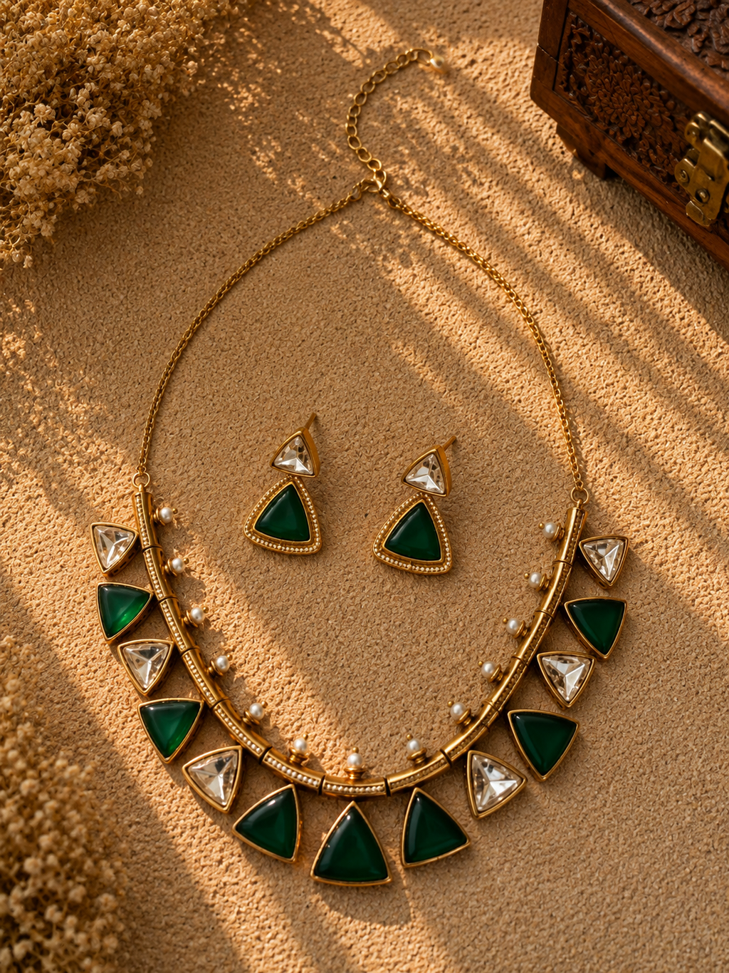 Beautiful Multi Green Color Stones work long necklace set