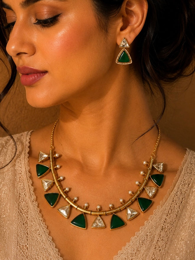 Beautiful Multi Green Color Stones work long necklace set