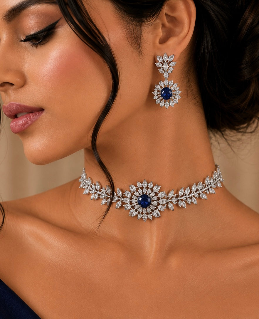 Minimal Small Blue Stone & American Diamond set