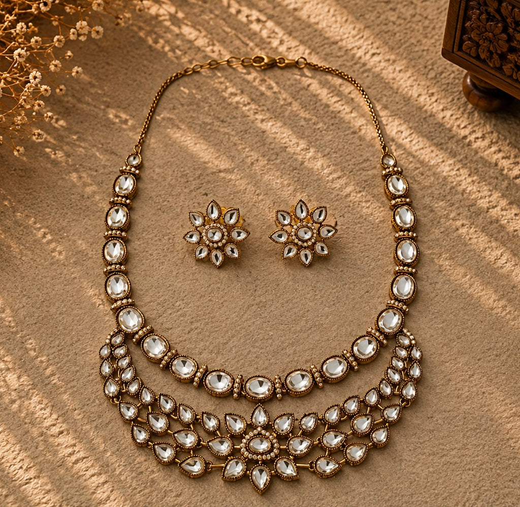 Beautiful Multi white Color Stones work long necklace set