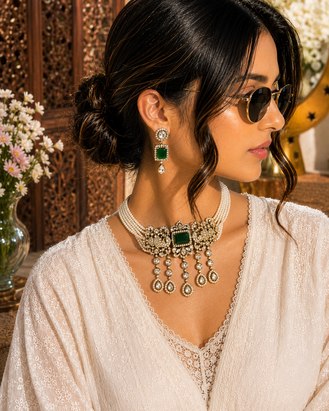 Elegant green stone choker Necklace Set