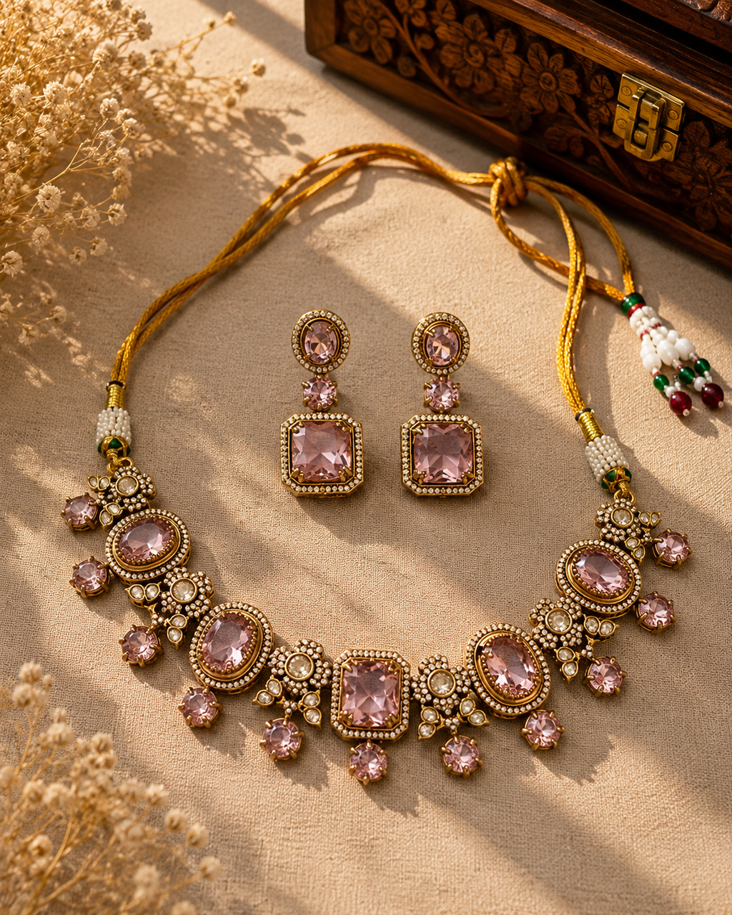 Beautiful Multi Pink Color Stones work long necklace set