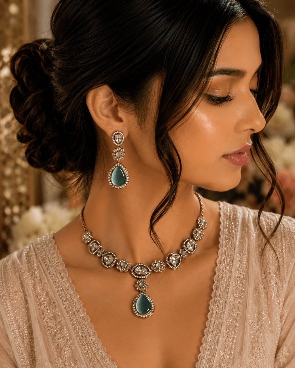 Turquoise kundan necklace set