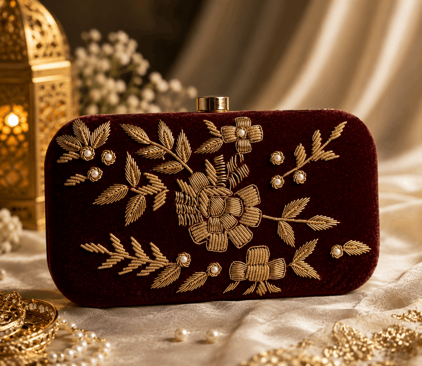Hand Embroidered velvet Luxe Maroon clutch