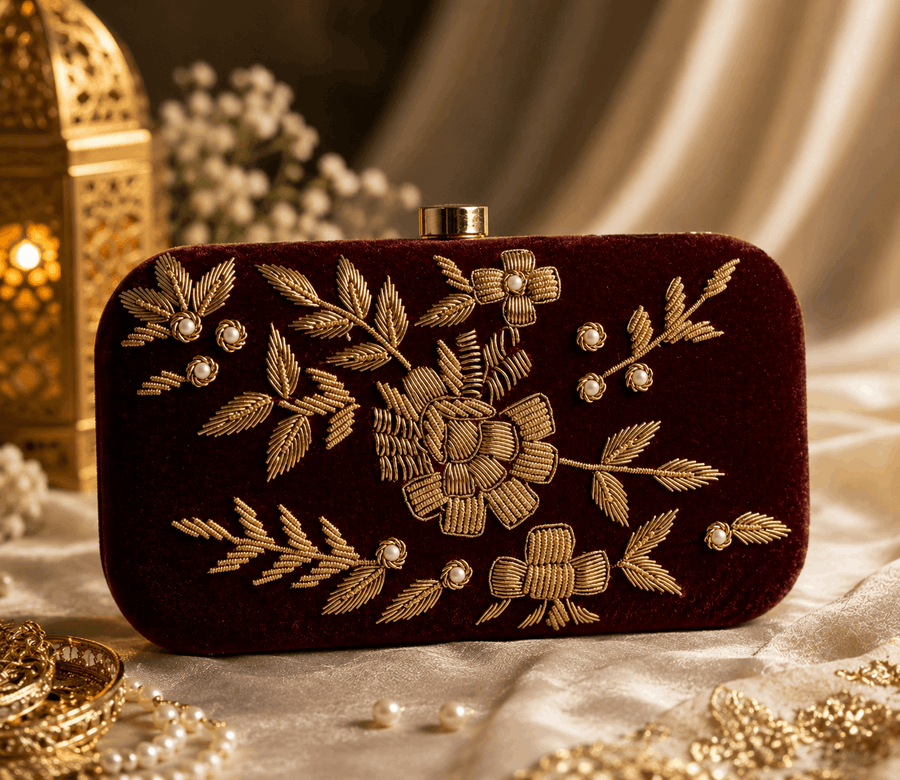 Hand Embroidered velvet Luxe Maroon clutch
