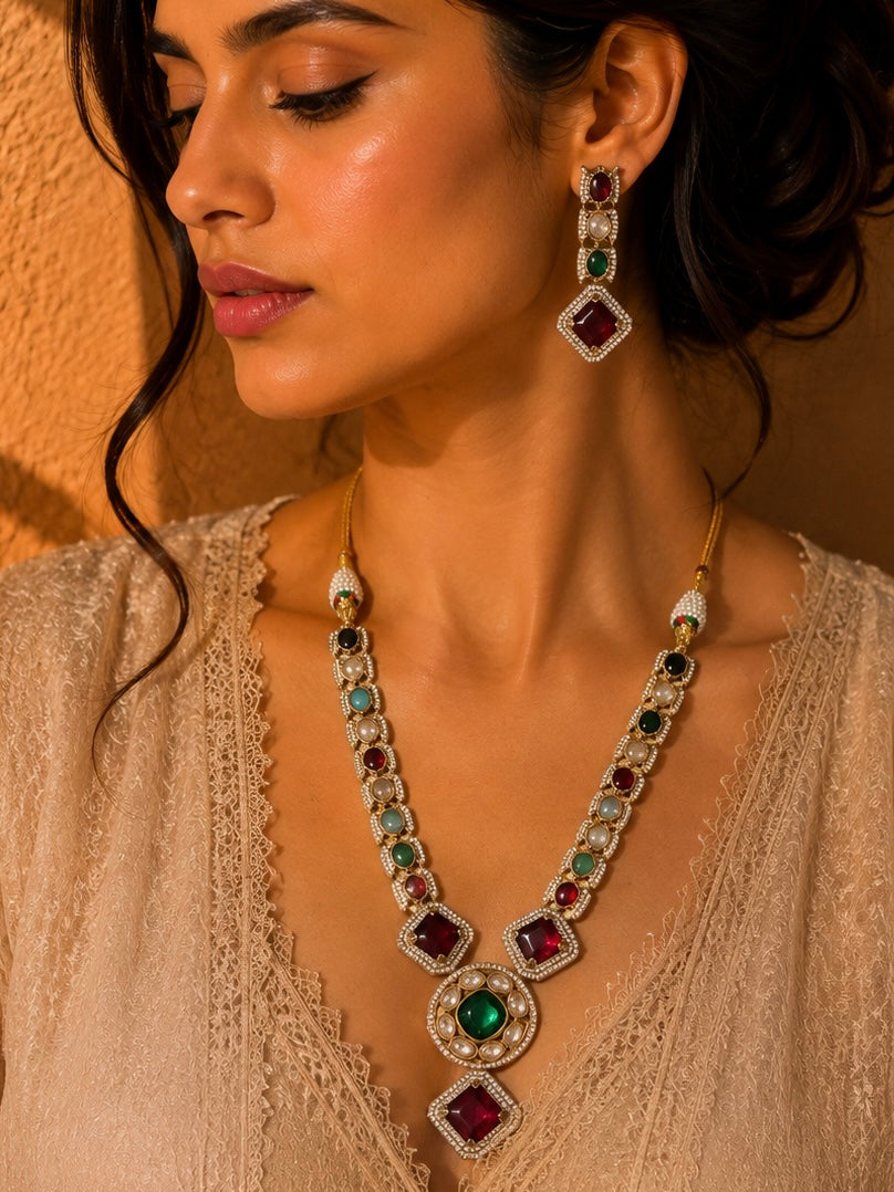 Beautiful Multi Color Stones work long necklace set