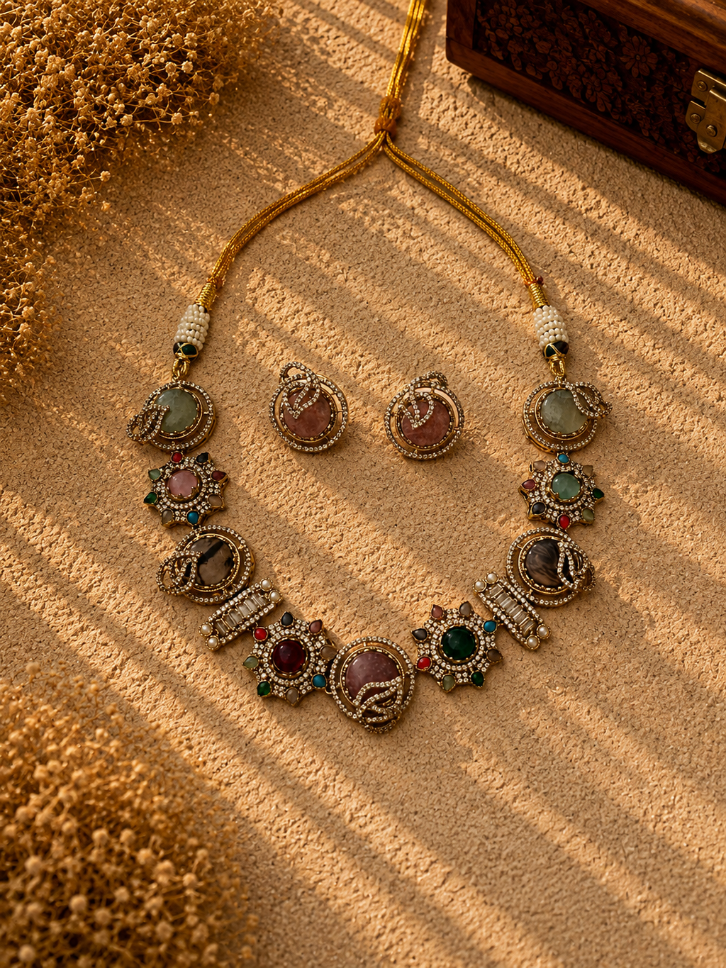 Beautiful Multi Color Stones work long necklace set
