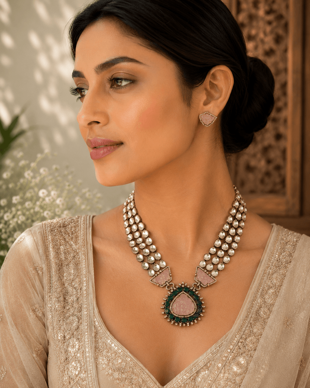 Rose & green stone necklace set