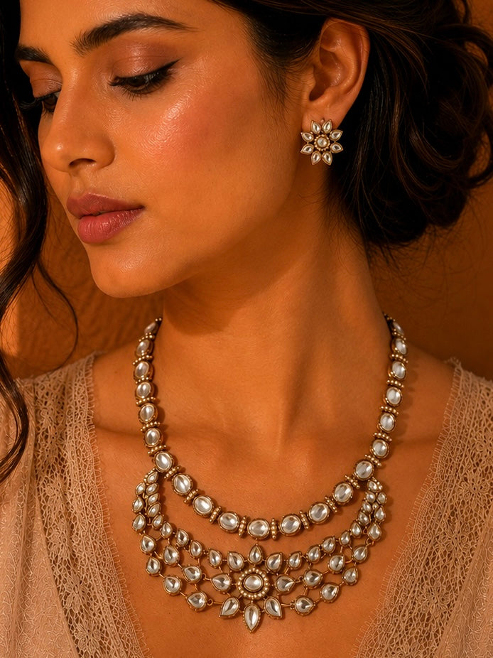 Beautiful Multi white Color Stones work long necklace set