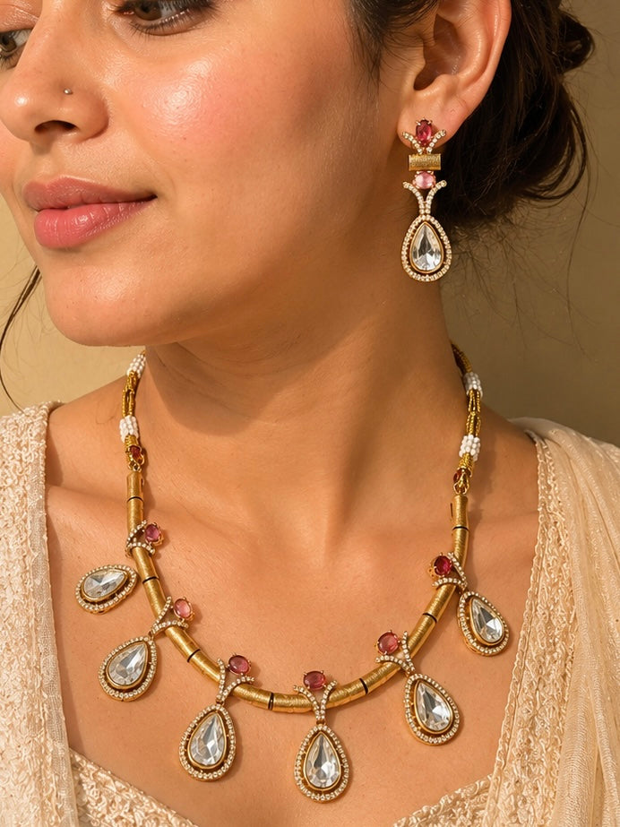 Beautiful Multi Big white Stone work long necklace set