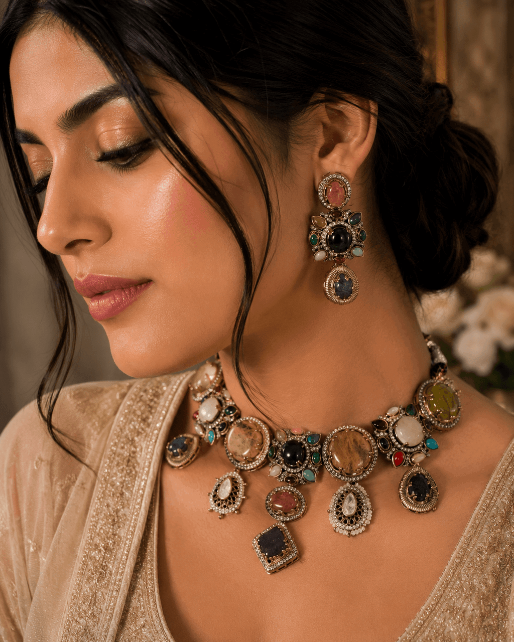 Sabya inspired moissanite and stone necklace set