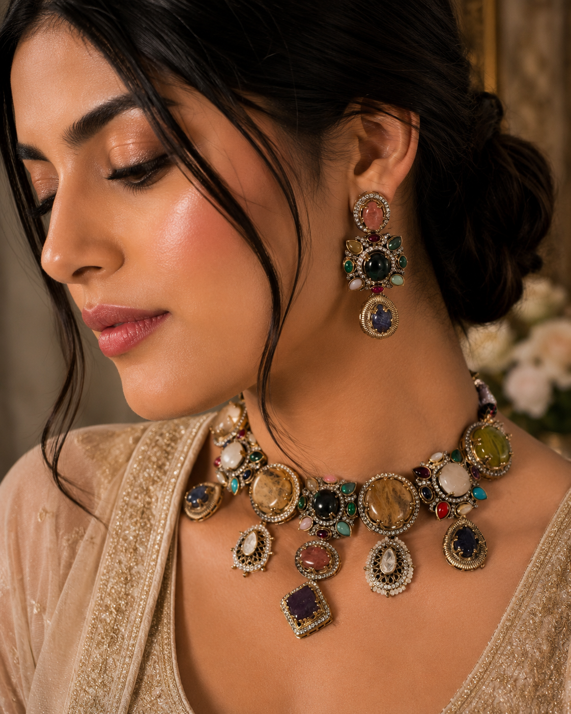 Sabya inspired moissanite and stone necklace set