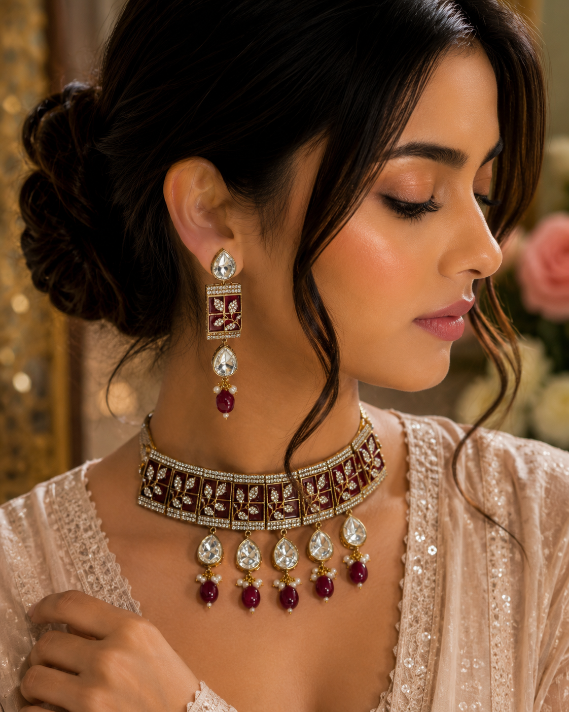 Kundan style deep red Necklace Set