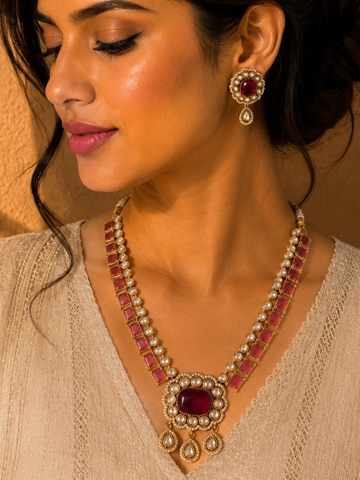 Beautiful Multi Red Color Stones work long necklace set