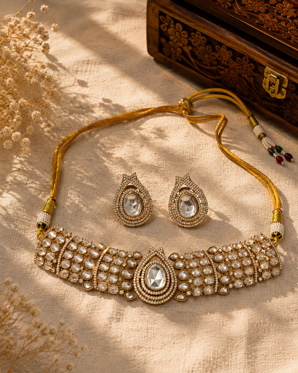 Beautiful Multi white Color Stones work long necklace set