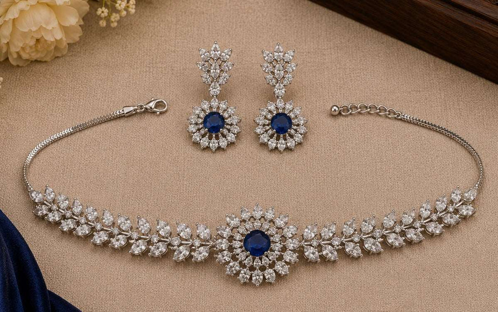 Minimal Small Blue Stone & American Diamond set