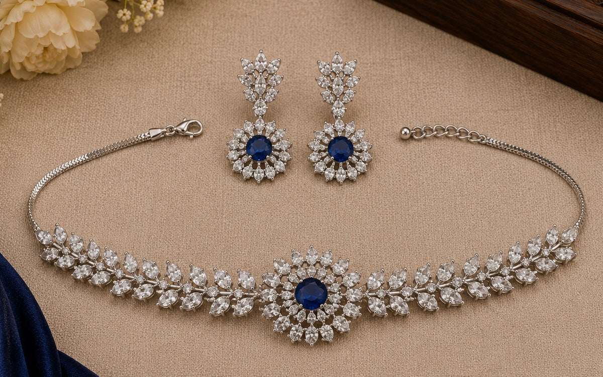Minimal Small Blue Stone & American Diamond set