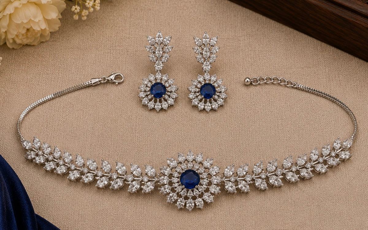 Minimal Small Blue Stone & American Diamond set