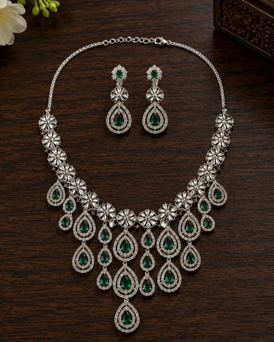Minimal Small Green Stone & American Diamond set