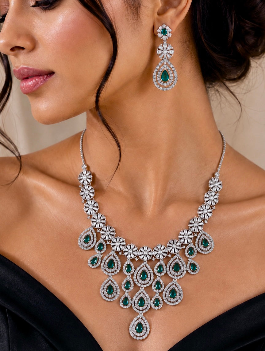 Minimal Small Green Stone & American Diamond set