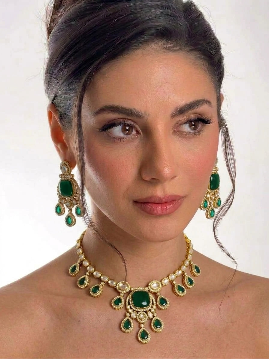 Beautiful Multi green Stone work long necklace set