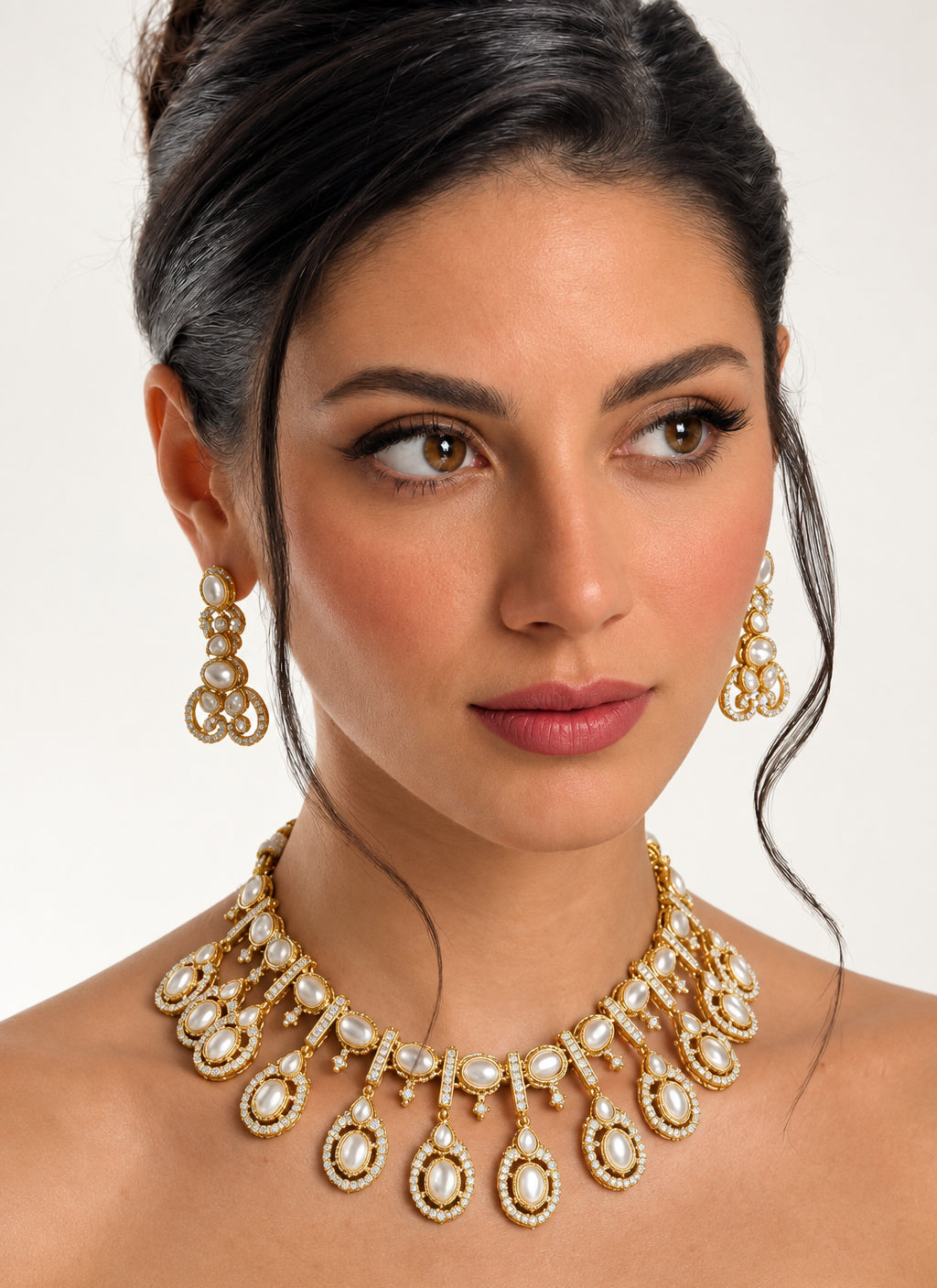 white Color Stones work long necklace set